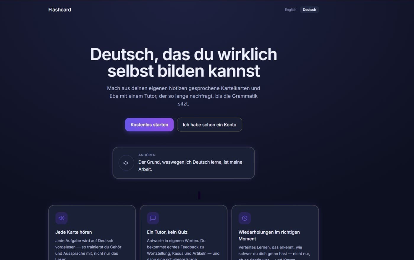 Flashcard-Startseite: Deutsch, das du wirklich selbst bilden kannst