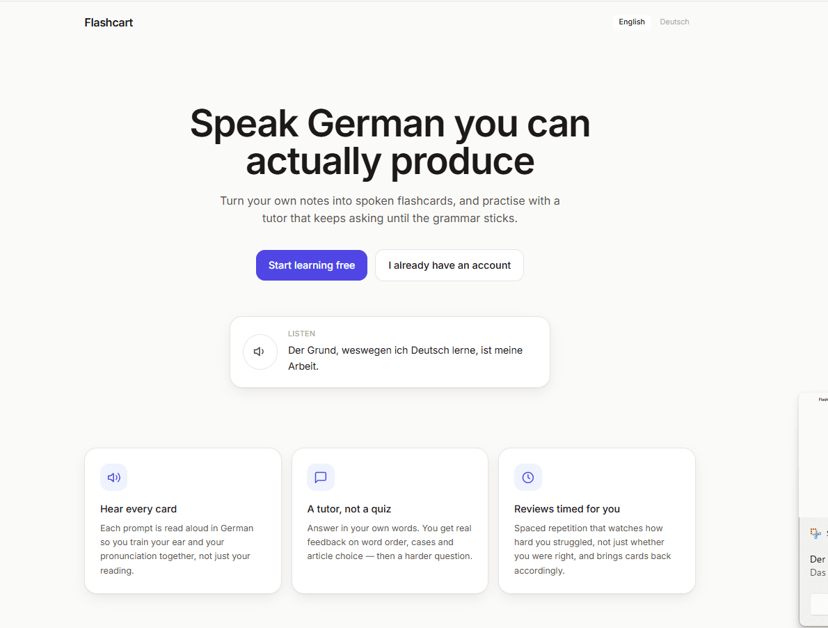 Flashcart app — AI-tutored German flashcards that are spoken aloud, graded by an AI tutor, and scheduled with Leitner spaced repetition